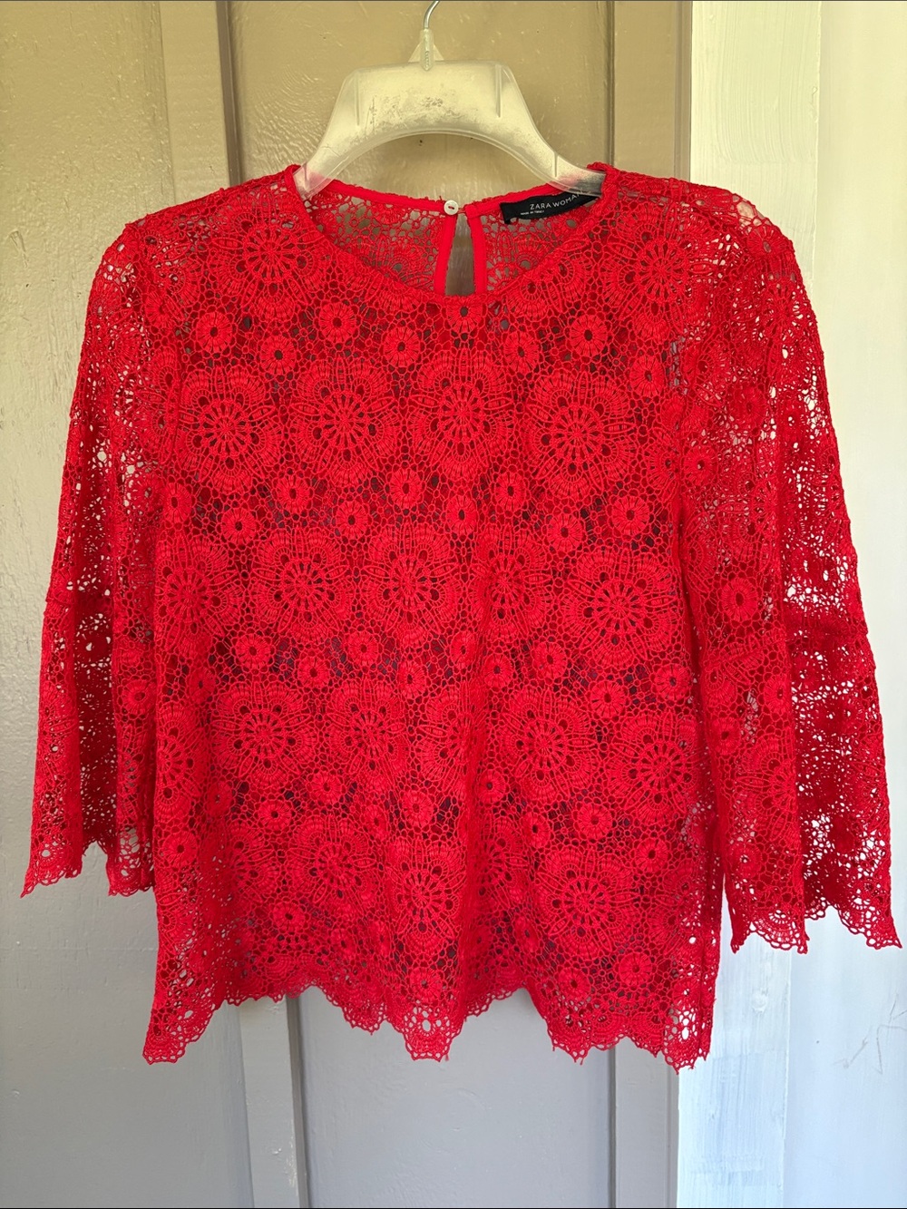 Zara Woman Red Floral Crochet Lace Top  Bell Sleeves Size S